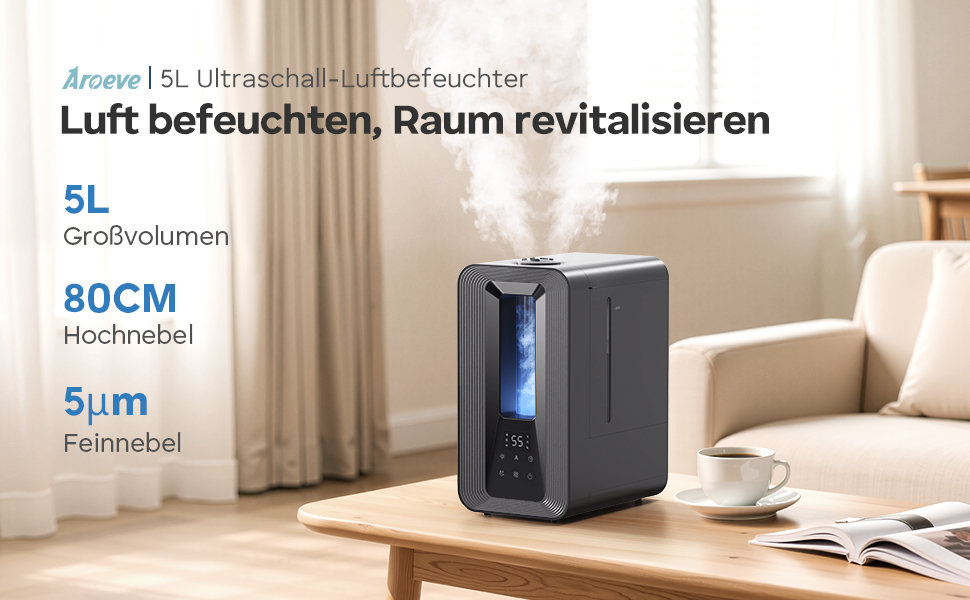 Зволожувач повітря AROEVE 5L з верхнім заповненням, ультразвуковий, з аромадифузором, гігростат, нічник, тихий (25dB), для дому, офісу, рослин, дітей