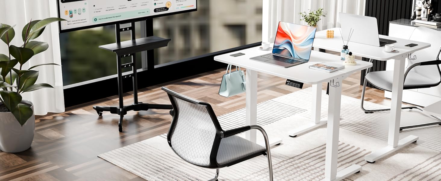 Ergonomaker Electric Standing Desk 80x60cm - Compact Adjustable Height Desk with 2-Section Tabletop, Home Office Desk (White Frame + Oak Tabletop)