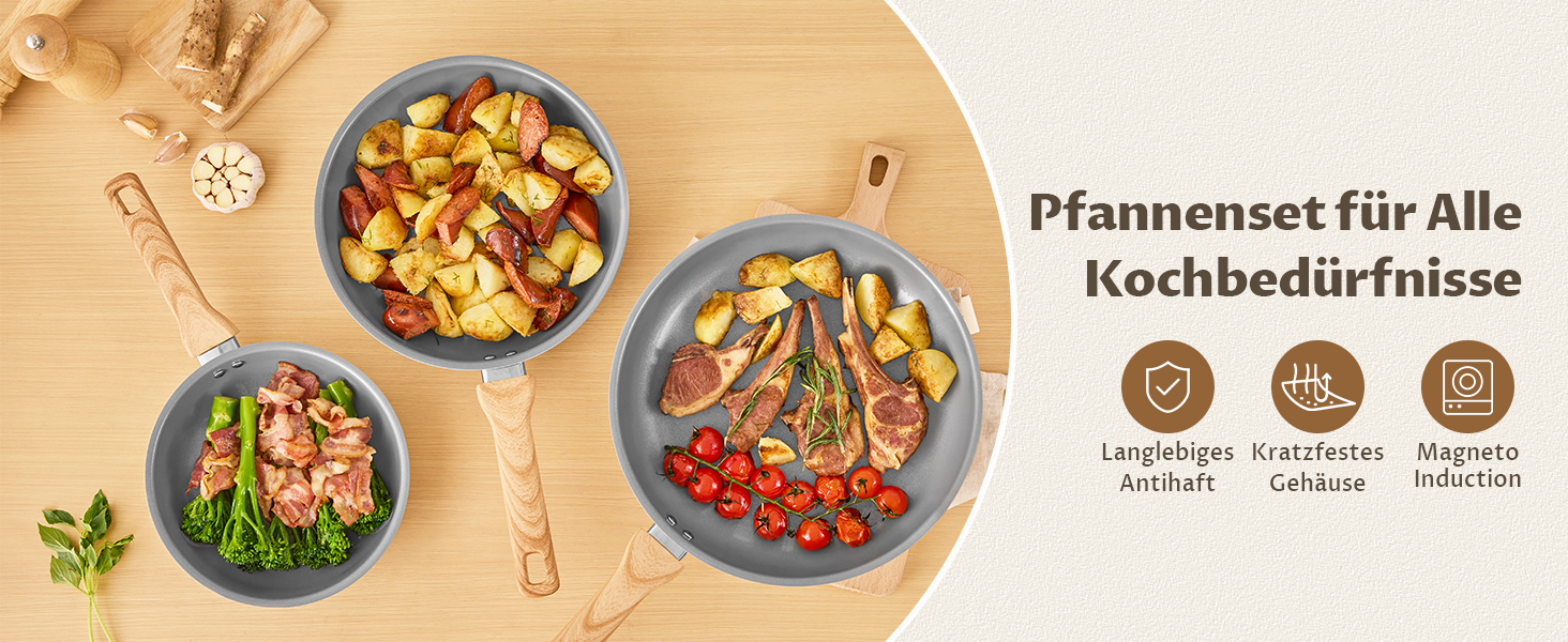 Набір сковорідок для індукції, 20/24/28 см, керамічне покриття з бакелітовою ручкою, антипригарне покриття, молекулярно з'єднане дно для індукції, підходить для всіх типів плит, без PTFE, PFAS та PFOA, 3 шт.