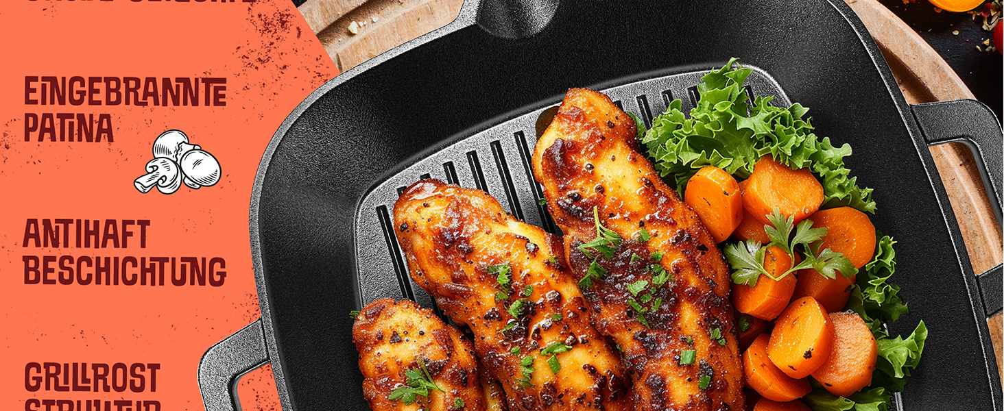Чавунна сковорода-гриль KESSER® 26 см для індукції, газу, духовки та вугільного гриля | Сковорода для стейків з захисними ручками, кухонна книга та очищувач
