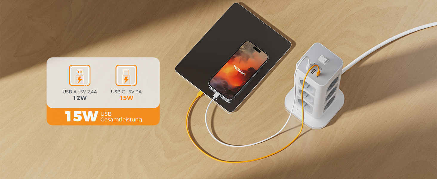 Блок живлення TESSAN з захистом від перенапруги, 3600W, 16A, 12 розеток, 2 USB-A, 1 USB-C, 2м кабель, сірий