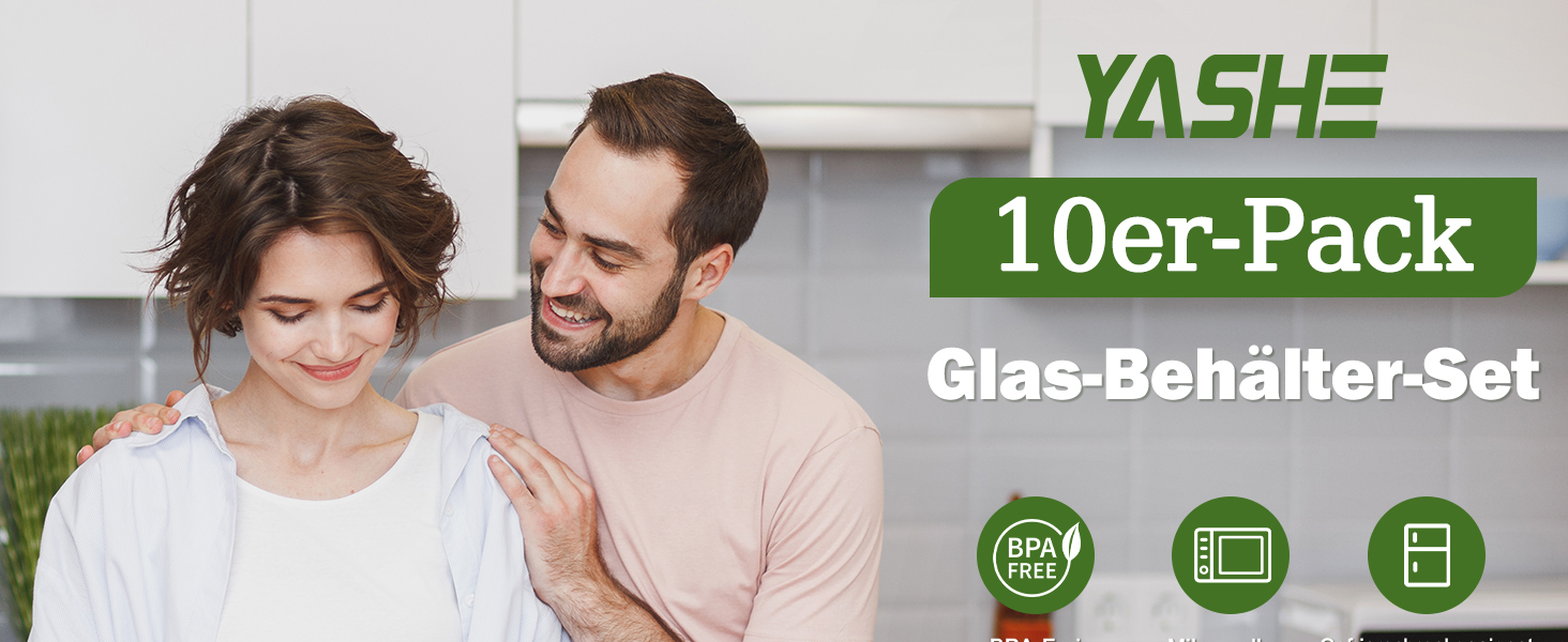 YASHE Набір контейнерів для зберігання їжі з кришками 10 шт. скляні, штабельовані, герметичні - для мікрохвильовки, морозилки, посудомийної машини, без BPA, сірі