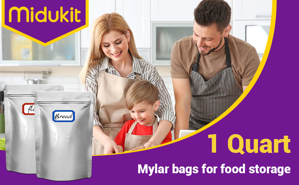 Набір 90 mylar-пакетів із поглиначем кисню для зберігання продуктів, 1 кварт (15x22 см), герметичні, 8.6 Mil, багаторазові пакети для харчових продуктів, міларові пакети з поглиначем кисню 9000CC, термозапаювані, багаторазово закриваються