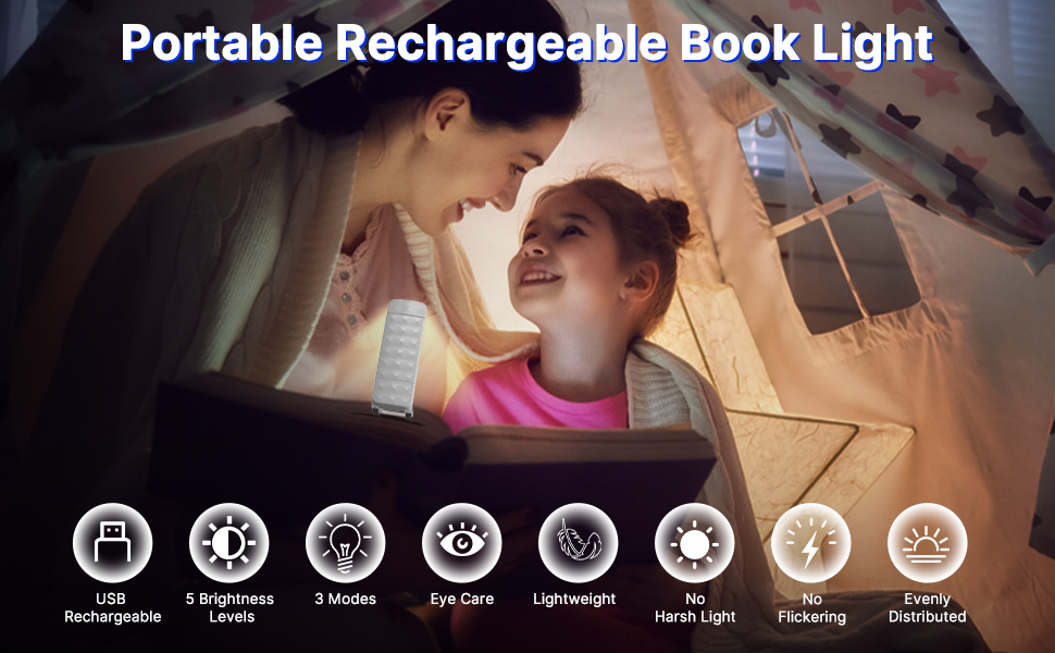 LED лампа для читання Mexllex на прищіпці, перезарядна, 3 кольори, 5 рівнів яскравості, нічник для дітей, білий