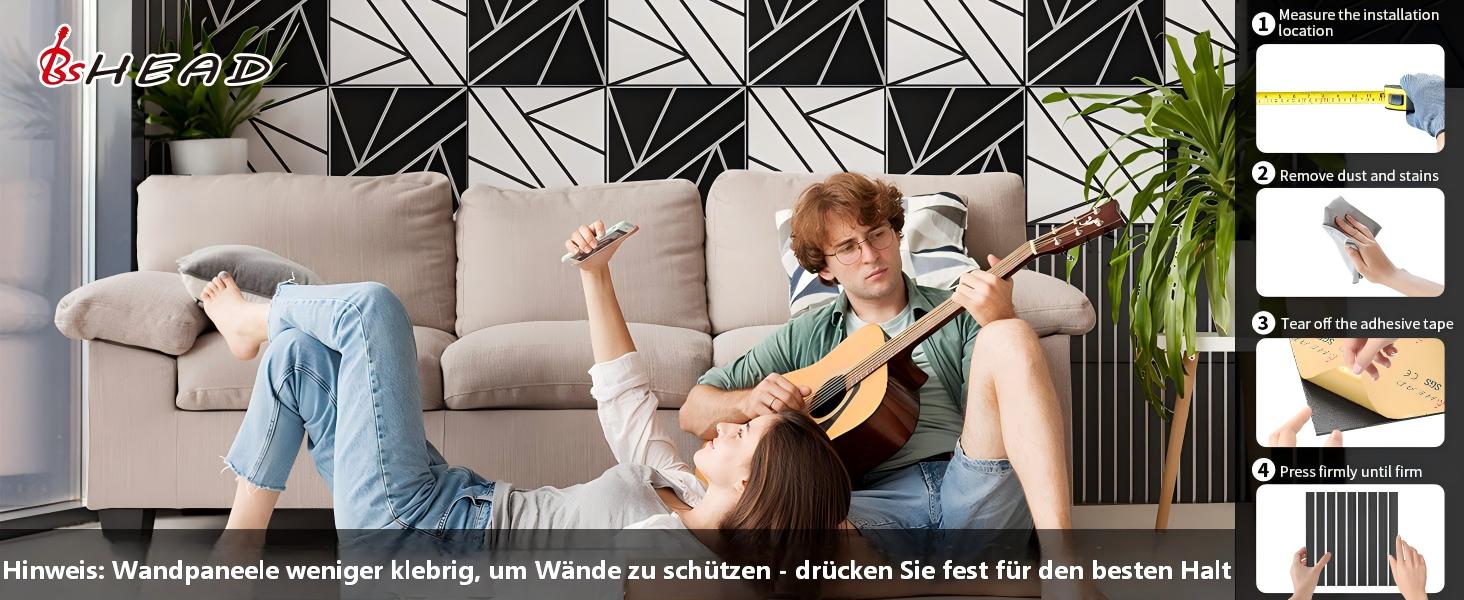 Акустичні панелі BSHEAD самоклеючі для шумоізоляції стін, 30 x 30 x 1.2 см, звукопоглинаючий пінополіетилен високої щільності (Чорно-білі)