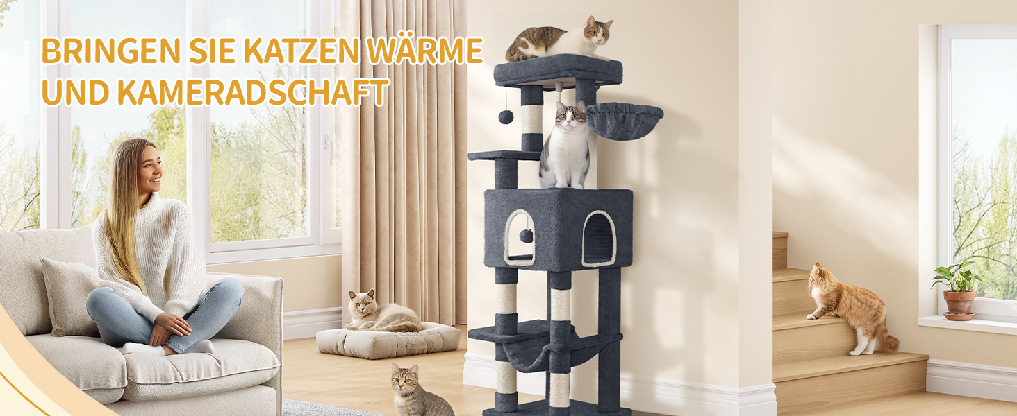 Дерево для котів Hzuaneri, 149 см, з 5 стовпчиками для шліфування, великими платформами, гніздом-хованкою, багатоярусне, з помпонами, MS14918LG (темно-сірий)