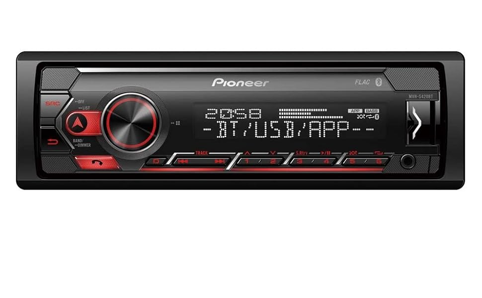 Автомагнітола Pioneer MVH-S420BT 1DIN, Bluetooth, USB, AUX, RDS, керування iPhone, мікрофон, чорна/червона, німецьке меню