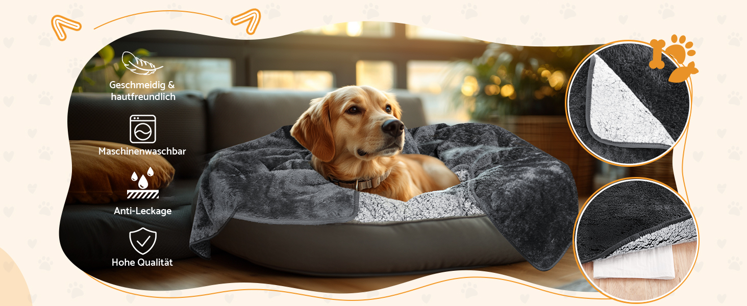 Водонепроникний коврик для собак 100x120 см (40x47 дюймів) - м'який, пухнастий, машинного прання, для собак середніх порід до 16 кг, чорно-білий, Small