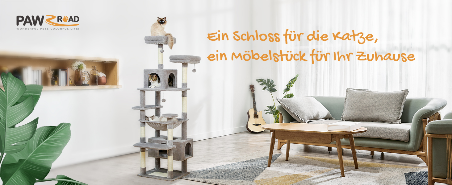 Котячий комплекс PAWZ Road для великих котів, 184 см, сірий. Двоповерховий, з сизалевою оббивкою, 2 стійки, будиночок та кошик для дому.