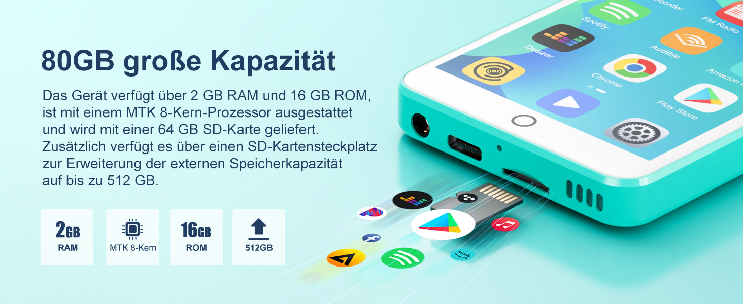 MP3 плеєр Oilsky 80GB з Bluetooth, WiFi, Android 9.0, 4