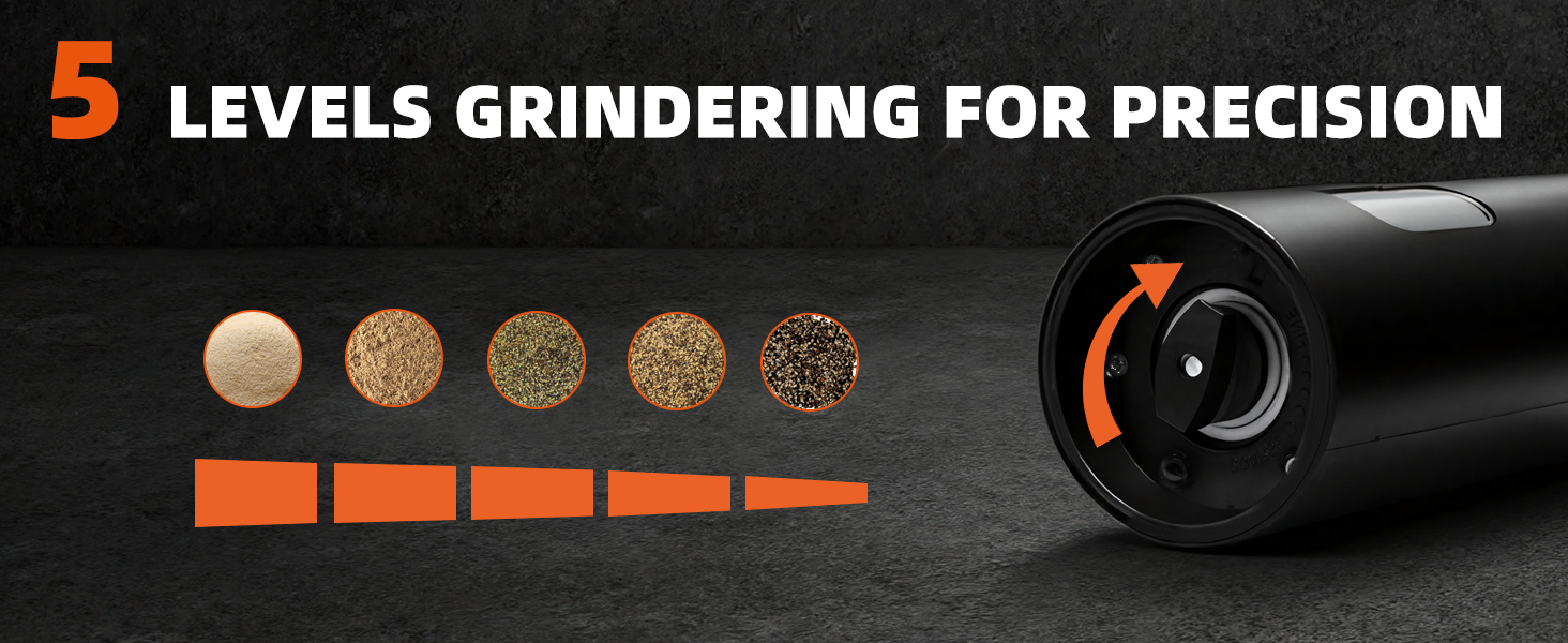 Набір електричних мельниць для солі та перцю з заряджною станцією, об'єм 110 мл, 5 ступенів помелу, керамічна млинка, щітка, 2 шт., чорний