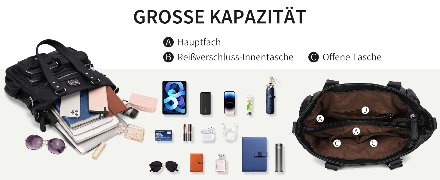 Сумка жіноча KL928 через плече, велика, чорна, PU шкіра, з багатьма відділеннями