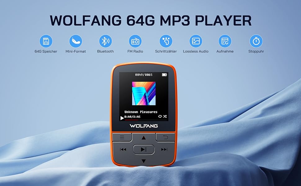 MP3-плеєр WOLFANG 64GB Bluetooth 5.2, помаранчевий: Спорт-кліпса, Hi-Fi радіо, диктофон, навушники в комплекті