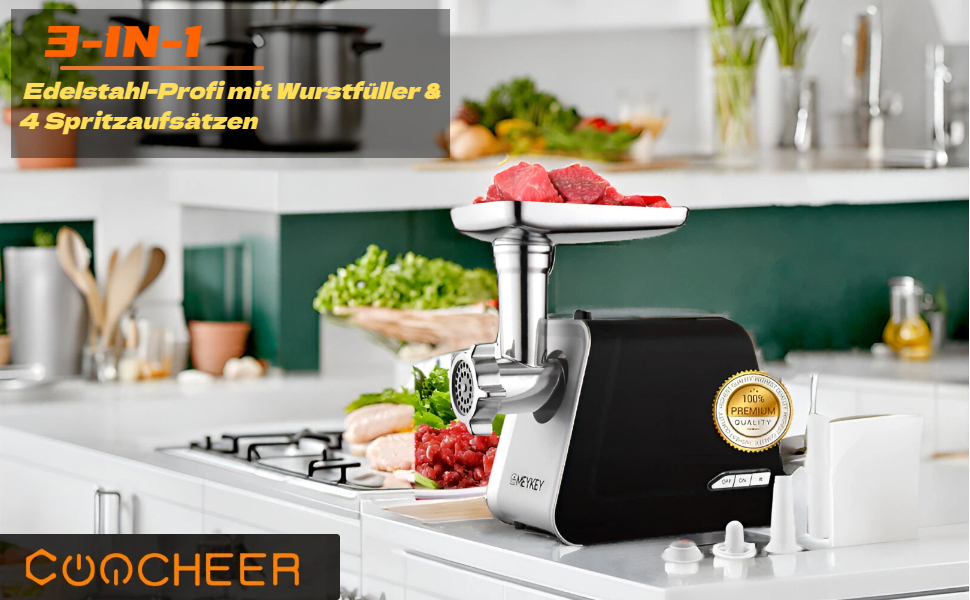 М'ясорубка електрична COOCHEER Profi з насадкою для ковбас та печива, 2000 Вт, 3 диски, насадка для кібе, чорна