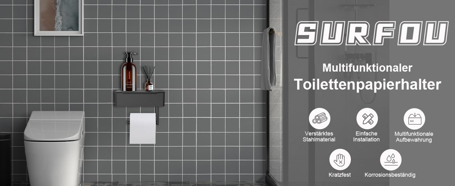 Тримач туалетного паперу SURFOU без свердління, чорний, 3-в-1, з боксом для вологих серветок, нержавіюча сталь, для ванної кімнати/туалету