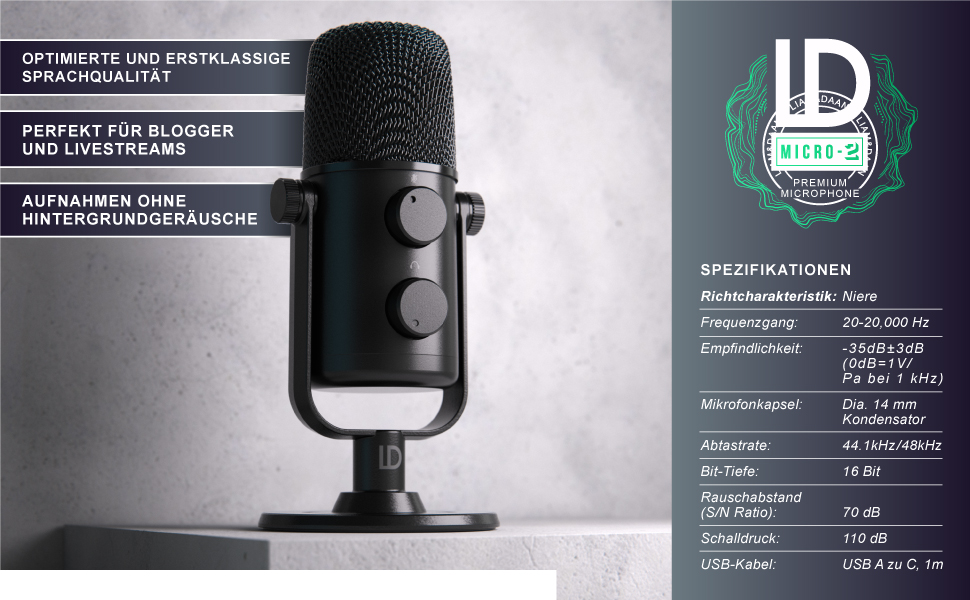 Конденсаторний мікрофон CSL з мікрофонною стійкою - Комплект для запису вокалу, подкастів, стрімінгу та геймінгу. XLR та 3.5mm підключення, велика мембрана, студійний мікрофон