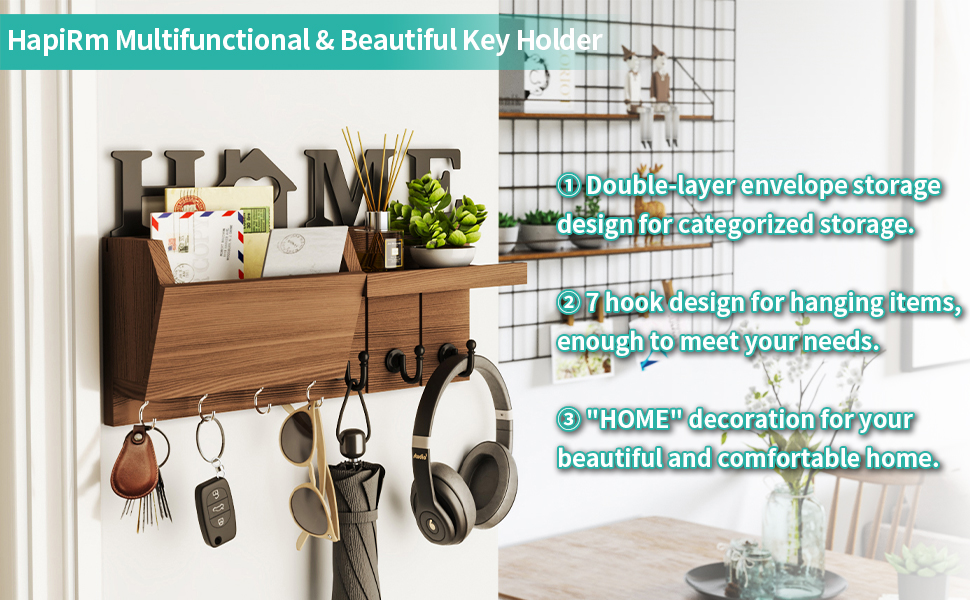Держатель для ключів HapiRm з декором HOME, дерев'яне ключниця з 7 гачками, з полицею. Підходить для входу, передпокою, спальні, офісу, коричневий