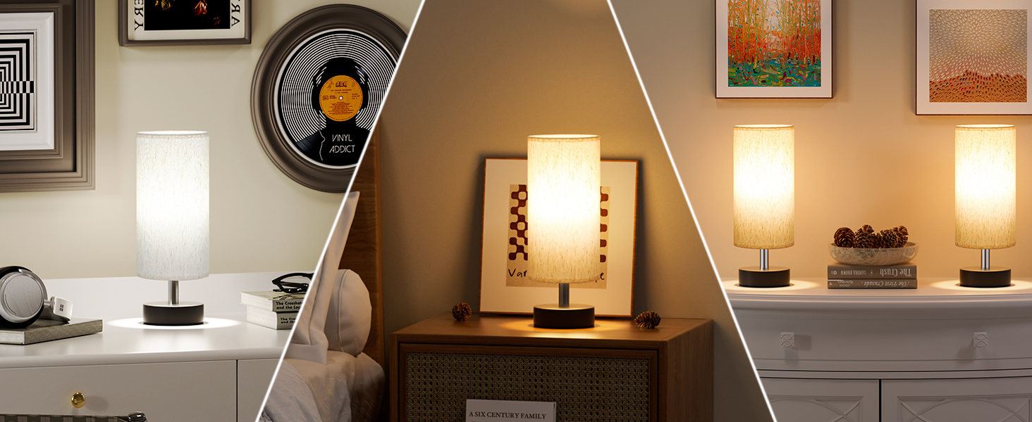 Kakanuo Настільна лампа з 3 колірними температурами, біла лампа з вимикачем, бавовняний абажур, маленька настільна лампа для вітальні, спальні, офісу, дитячої кімнати (LED лампа в комплекті), A-білий+чорний (A-білий+чорний-2 шт.)