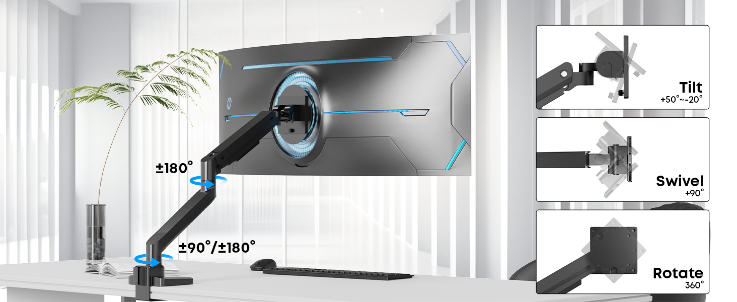 Кріплення для монітора - підставка для 1 монітора, 17-49 дюймів, плоский/вигнутий екран, чорний, газ-амортизатор, регулювання висоти, VESA 75x75/100x100, 2-20 кг