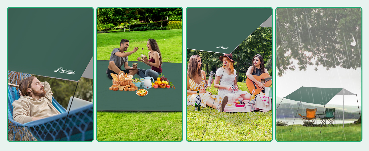 Тент для кемпінгу WADEO, 4x3 м, водовідштовхувальний, з кілочками та мотузками, ультралегкий, для відпочинку на природі, хакі (зелений)