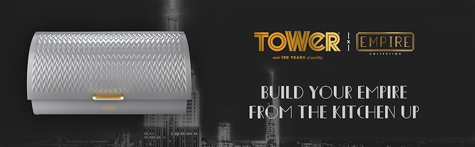 Хлібниця Tower Empire з роликовим кришкою, нержавіюча сталь, сірий колір, з латунними деталями