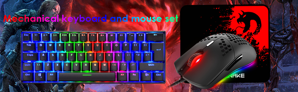 Ігровий комплект клавіатури та миші MK21: RGB механічна клавіатура 60% (62 клавіші), миша 6400 DPI, килимок для миші, сумісний з PS4, Xbox, PC, чорний/Blue Switch Black