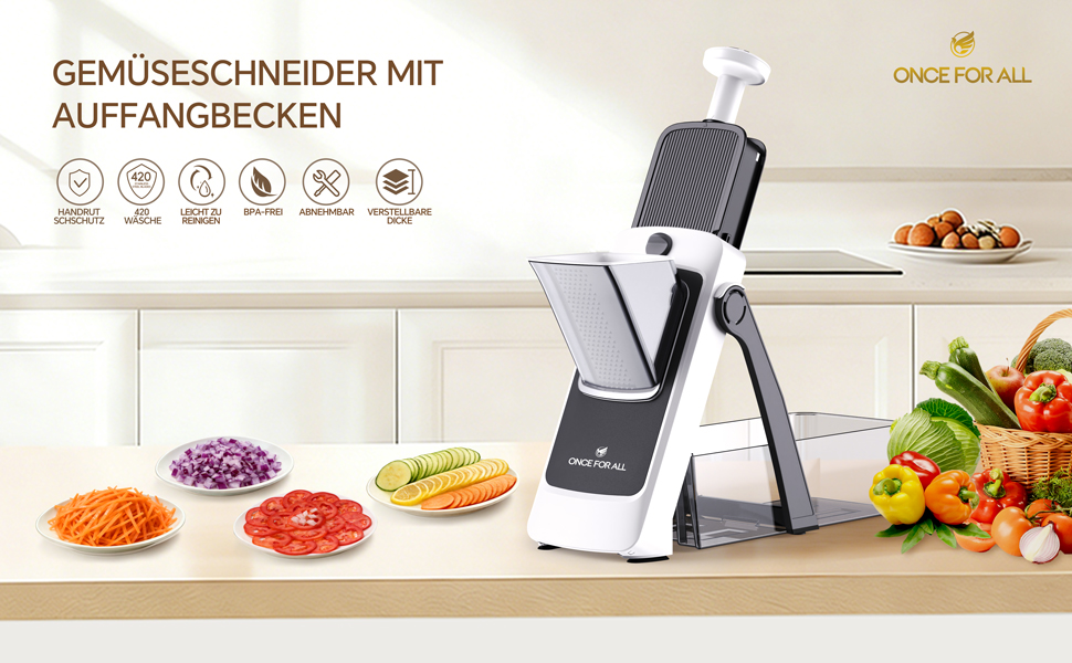 Набір для нарізки овочів ONCE FOR ALL з піддоном, овочевий слайсер, для нарізки картоплі фрі та картоплі, нарізчик цибулі, слайсер огірків - кубик-нарізач (оновлення Space Grey + комплект кошиків кольору асфальт)