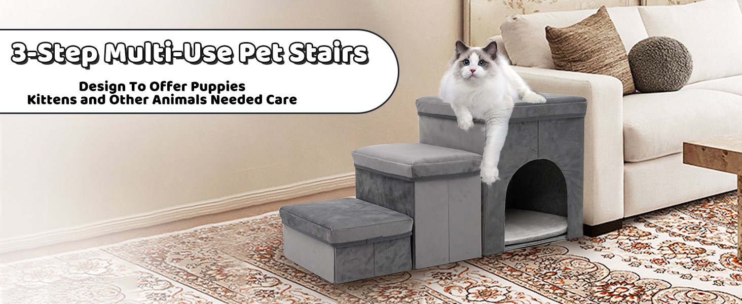 Сходинки для собак на 3 сходинки, 44 см, з місцем для зберігання. Підходить для маленьких собак та котів, зручні для літніх тварин (сірий)