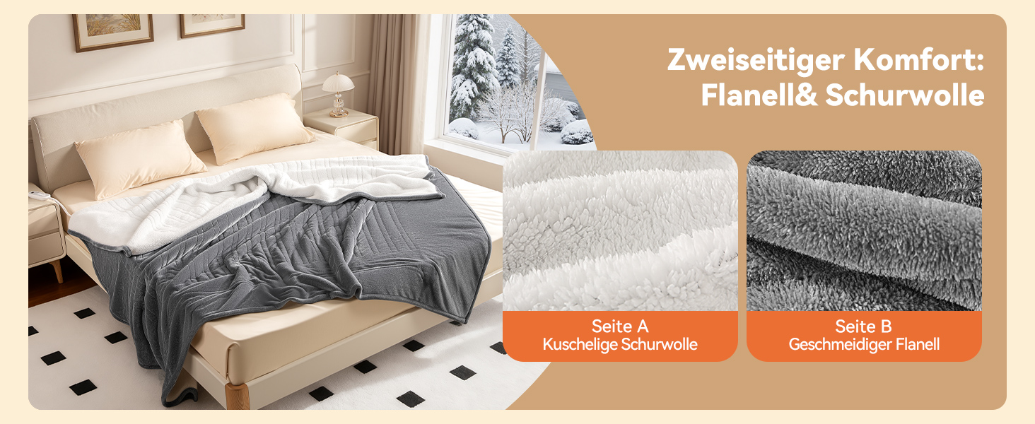 Електрична гріюча ковдра з 9 зон нагріву, таймером та функцією пам'яті, 160x120 см. Двостороння фланель та штучне хутро. Для 1 особи/дивану