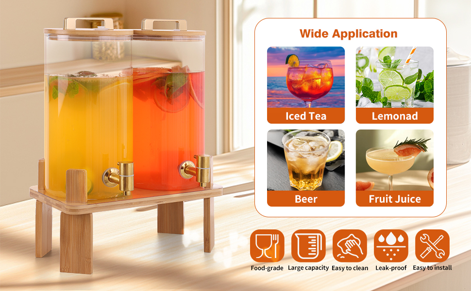 Набір з 2 диспенсери для напоїв на 6 літрів з дерев'яною підставкою, з герметичним клапаном та нержавіючим краном, для вечірок