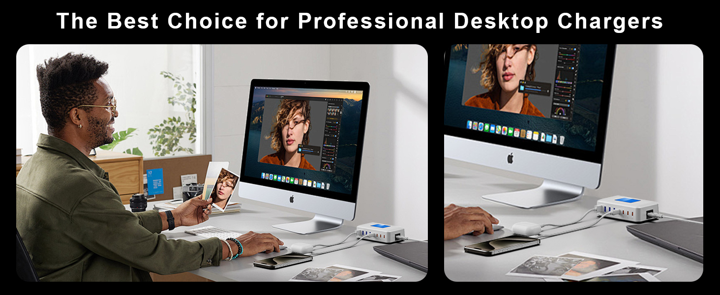 Зарядний пристрій RENGOGA 200W USB C GaN з 8 портами, LED дисплеєм, 65W USB-станція для iPad Pro/Air, MacBook, iPhone 16/15/14, Galaxy S24 - Білий