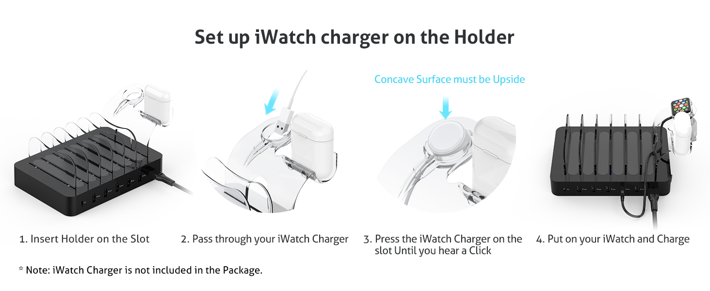 Зарядний хаб SooPii USB 60W/12A з 6 портами, органайзер для декількох пристроїв, з тримачем для Apple Watch, 6 кабелів у комплекті (Чорний)