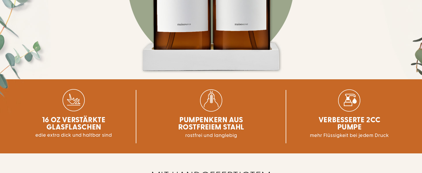 MaisoNovo Soap Dispenser Set - Soap Dispenser for Kitchen - 500 ml Amber Bottles, Black Pumps, Glass Pump Dispensers, Soap Dispenser Set, 2-Piece Set and Concrete Tray - Dish Soap Dispenser Kitchen