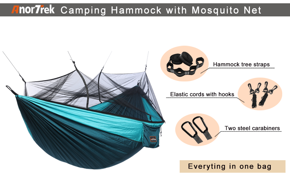 Гамак для кемпінгу з москітною сіткою, подвійний та одинарний, з ременями для дерев та карабінами, гамак-парашут для кемпінгу, подорожей та піших прогулянок, блакитний/темно-синій, 300 x 200 см