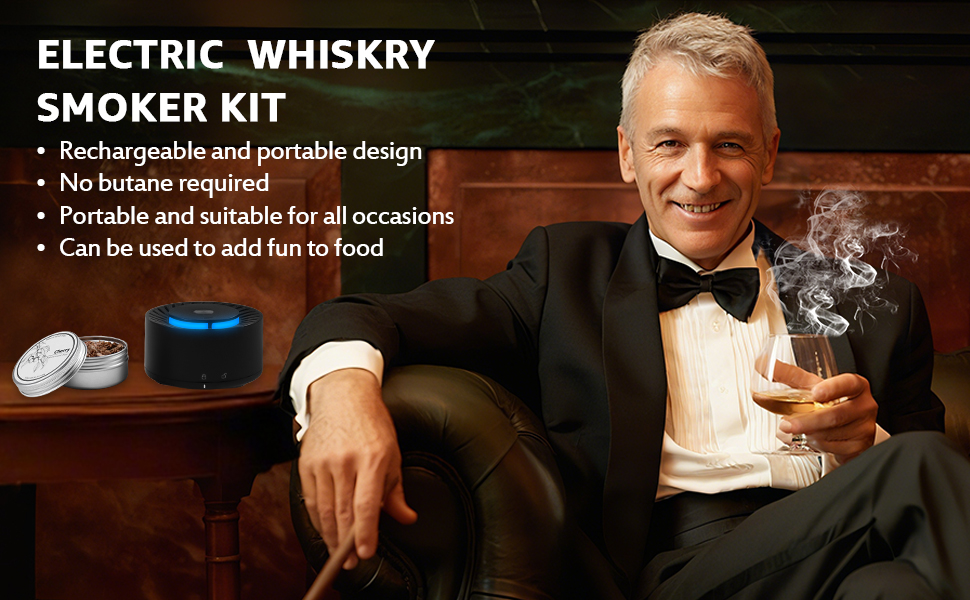 Електричний набір для копчення віскі з LED-підсвіткою, 6 ароматів деревини, без бутану, перезаряджуваний, ретро-дизайн, барний аксесуар, подарунок для чоловіків, батька, чоловіка