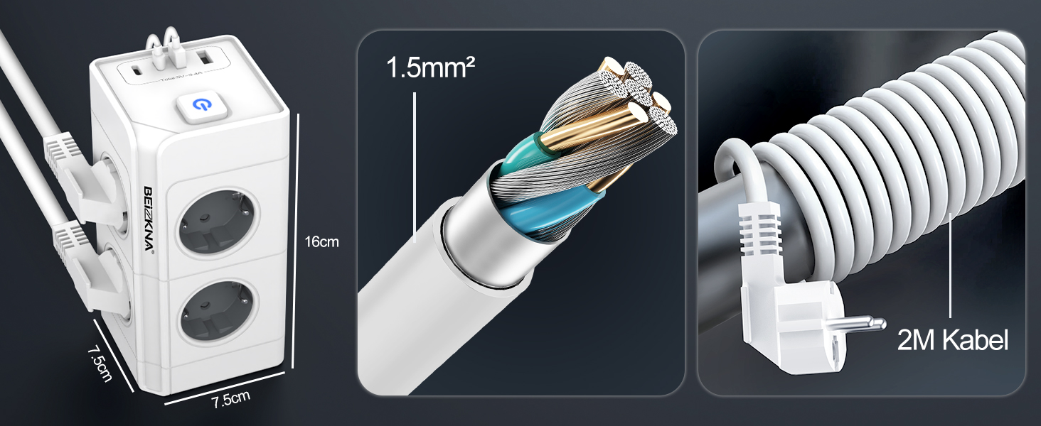 Мережевий фільтр з 4 розетками та 4 USB-портами, настінний, 4000W, 16A, з перетворювачем напруги, білий
