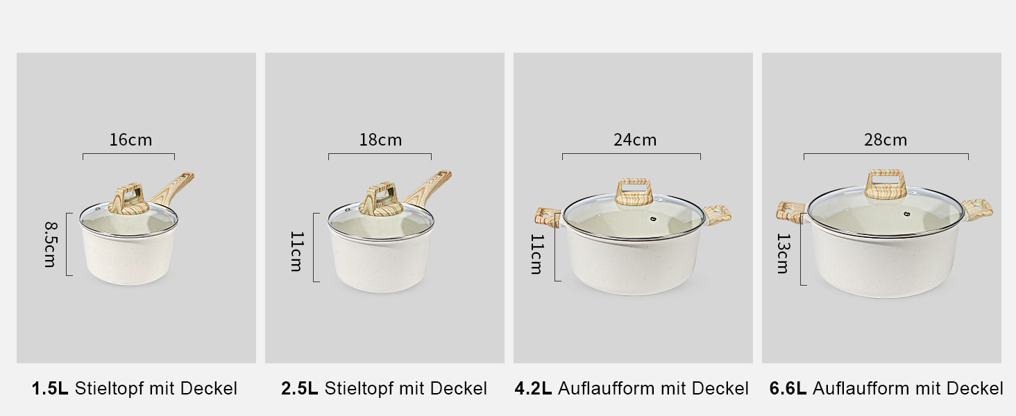 Набір кухонного посуду GiPP з кришкою, антипригарне покриття кераміки, набір каструль та сковорідок для всіх типів плит, (білий, 17 предметів)