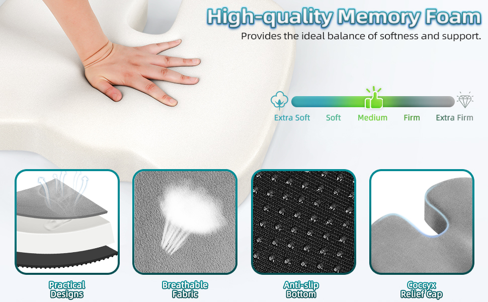 Ортопедична подушка для сидіння з піни Memory Foam для офісного крісла та авто - зняття тиску, комфорт при тривалому сидінні, нековзка, знімний чохол (Чорний)