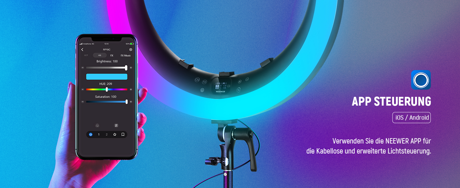 NEEWER Ringlicht RP19H 19 дюймів з триподом та 3 тримачами для телефону, RGB, 42W, CRI 97+, 2540 Lux, для стрімінгу, офісу, Zoom