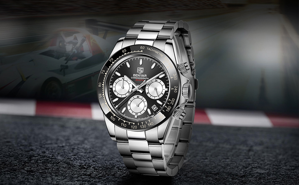 Чоловічий годинник BENYAR з кварцовим механізмом, аналоговий хронограф, бізнес-стиль, водонепроникний, з нержавіючої сталі, для відпочинку та спорту (чорний та білий)