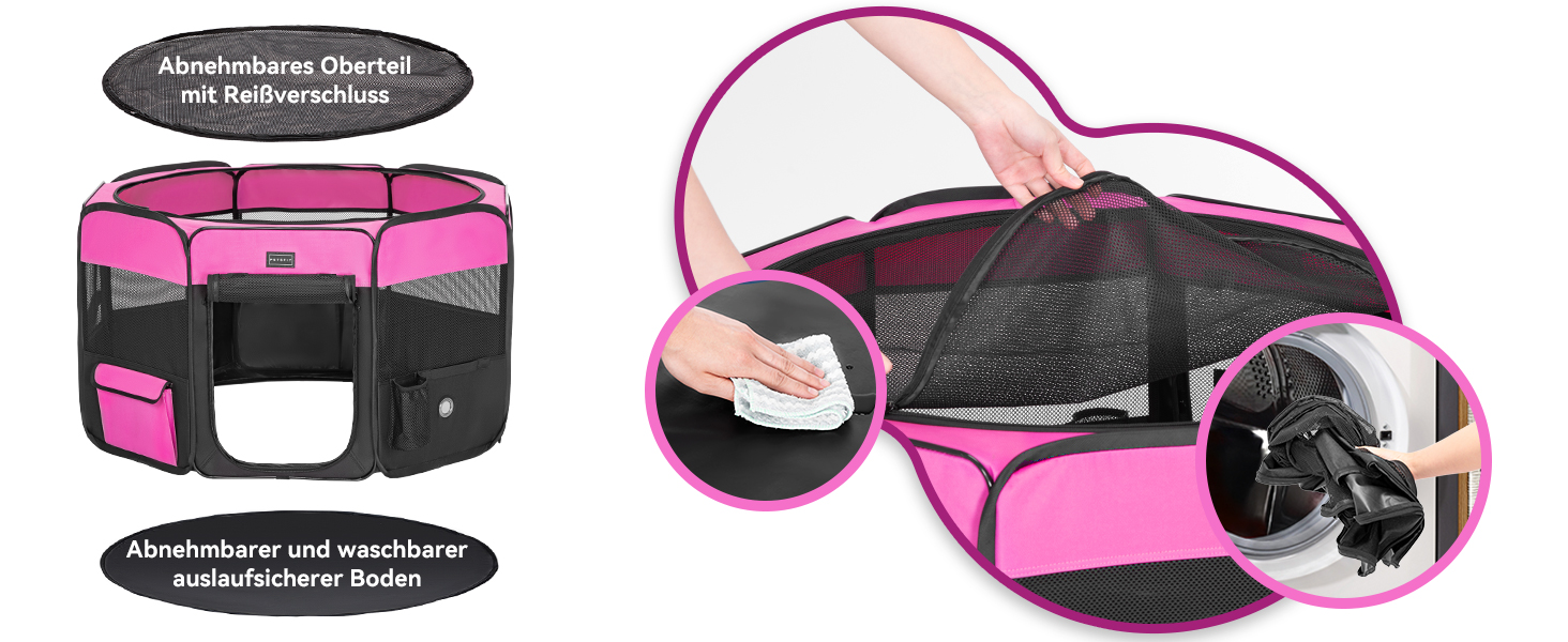 Вольєр для цуценят та дрібних тварин PETSFIT: розкладний, з водонепроникним дном, сірий/зелений (M, Рожево-чорний)