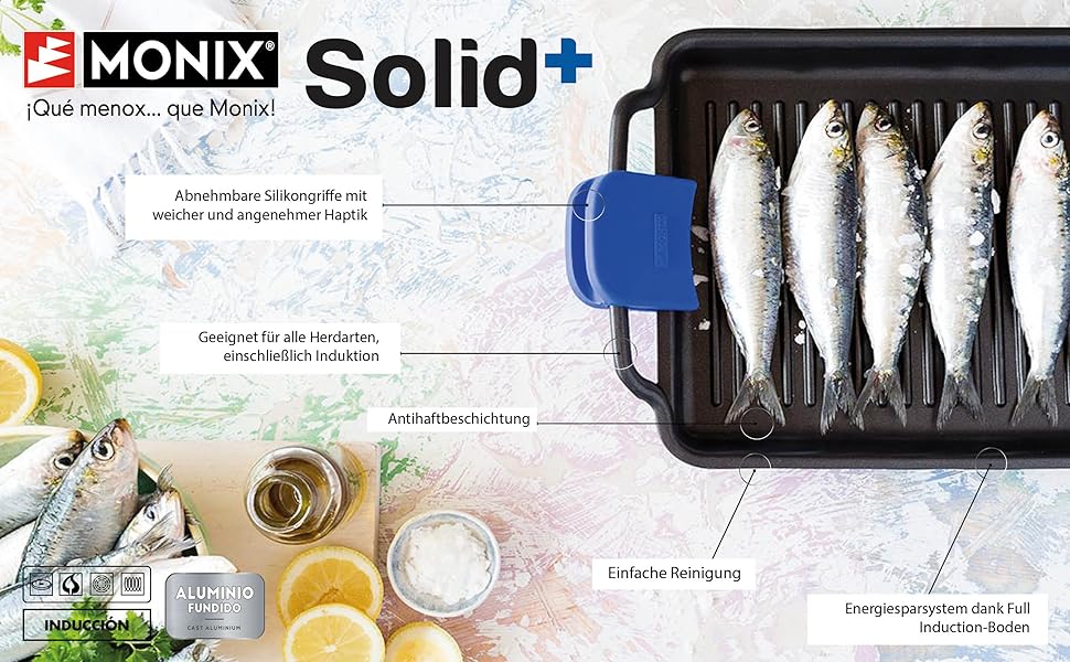 Сковорода-гриль Monix Solid+ 24 см квадратна, литий алюміній з антипригарним покриттям, чорна