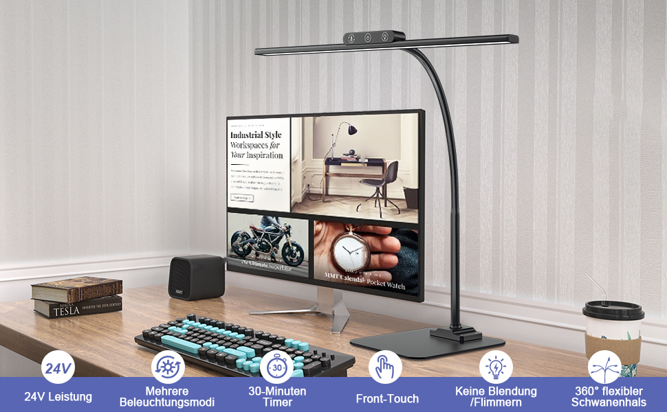 LED Desk Lamp with Adjustable Neck, 1200 Lumens, Dual Head Clamp-On for Home Office, Eye Protection, Gooseneck, Office Table Lamp, Monitor Light with 5 Color Temperature & Brightness Levels (Black-Metal Base)