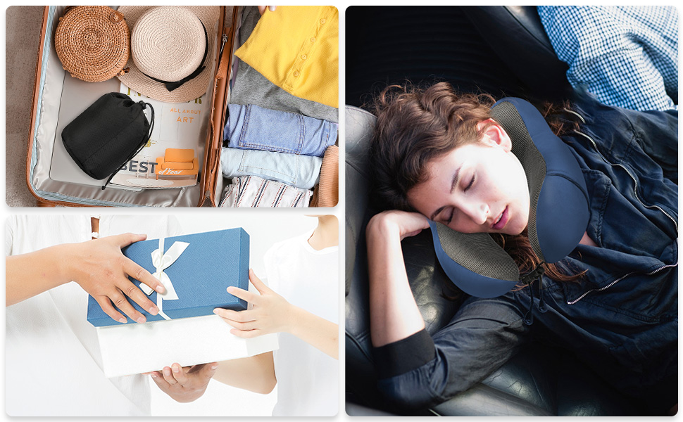 Подушка для шиї Eono з піною Memory Foam, ергономічна, для подорожей, з маскою для сну та навушниками, сумка, темно-синій