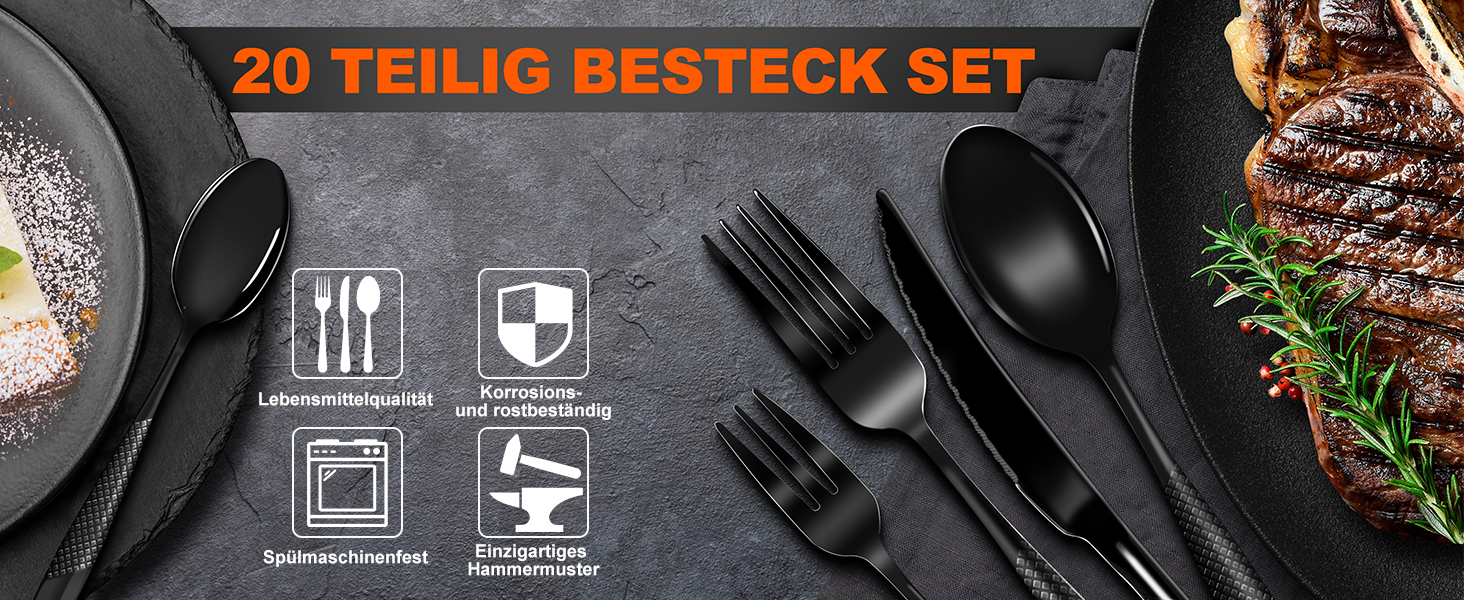 Набір столових приборів FANTICDE на 4 особи, 20 предметів, нержавіюча сталь, чорний матовий, з ножем, виделкою, ложкою, преміум-якість, для посудомийної машини
