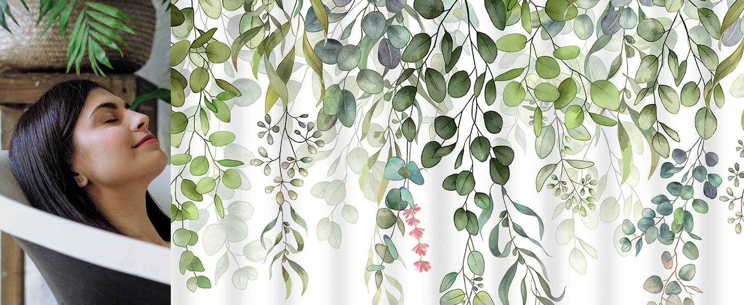 Штора для душу 200x200 см, зелені листки, антигрибкова, текстильна, водовідштовхувальна, поліестер, з кільцями (1 шт)
