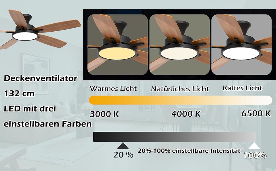 Вентилятор стельовий з LED підсвіткою, DC мотор, 3 кольори світла, диммування, чорний, з пультом ДК для спальні, тихий, 6 швидкостей, вітальня, офіс