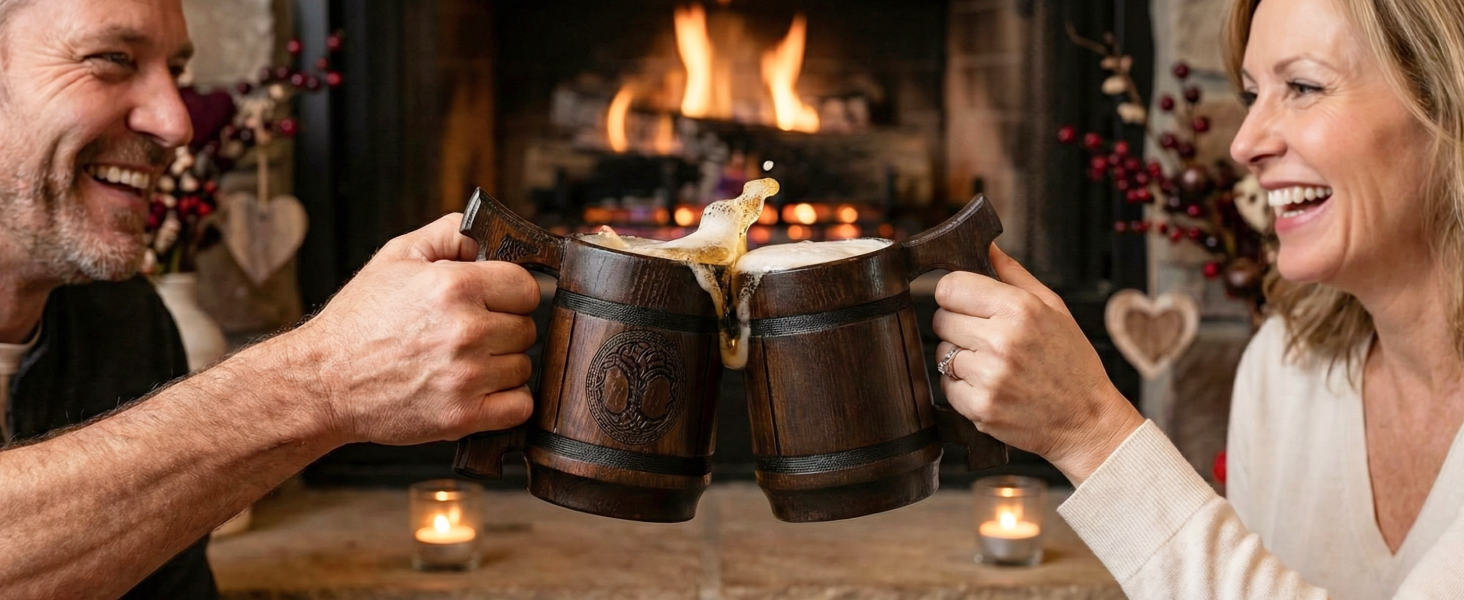 Діжка TESLYAR Вікінг 0.6 л з дуба - середньовічна діжка для пива, кружка, кухоль з гравіюванням молота Тора, руни. Ідеальний подарунок для чоловіків, дерев'яний кухоль.