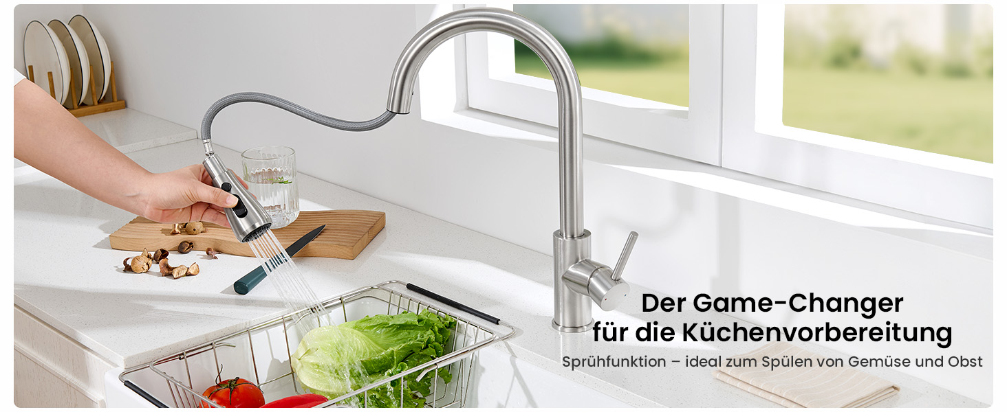 Кран кухонний CECIPA з 3 режимами, висувна лійка, поворотний на 360°, з високим виливом, нержавіюча сталь, з однією ручкою