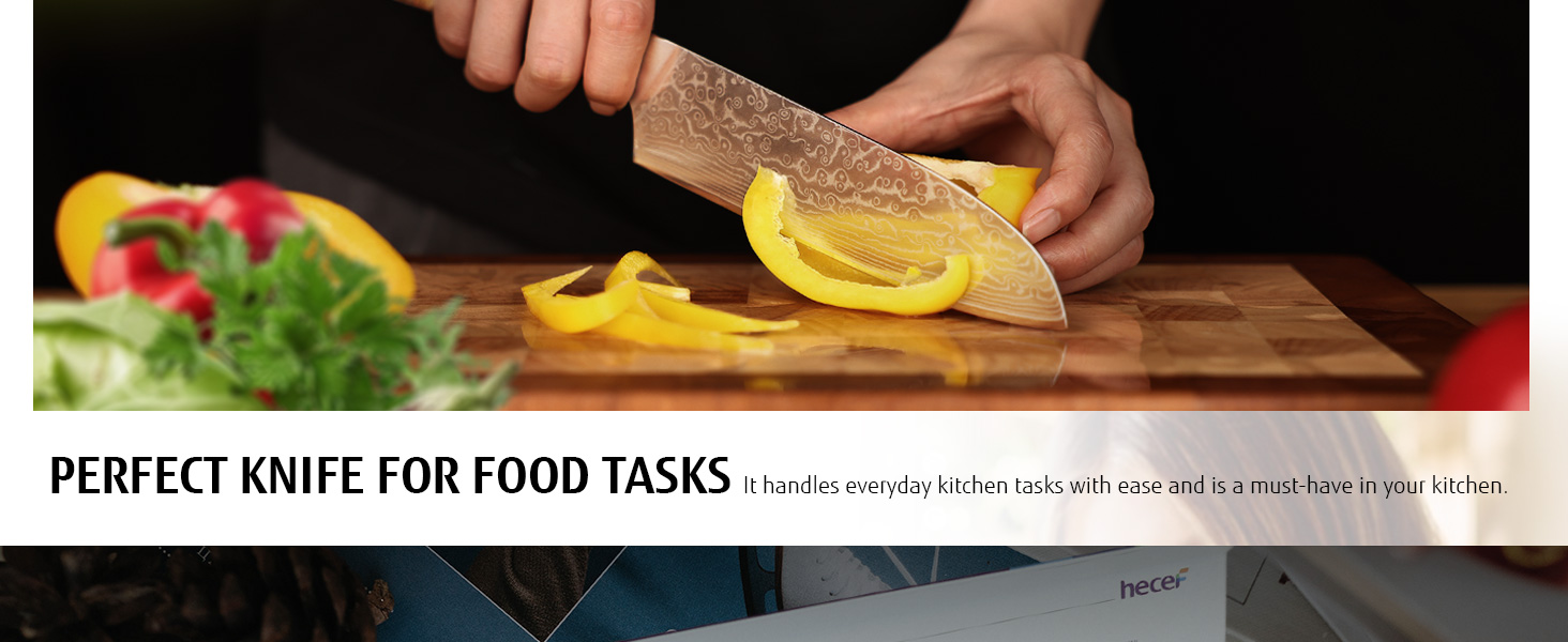 Японський ніж Hecef Damast з високоякісною ручкою з харчової смоли, 20 см. Професійний ніж для кухні з 67 шарів дамаської сталі, гострий, з захистом для леза. Ідеальний подарунок шеф-кухарю та поціновувачу кулінарії.